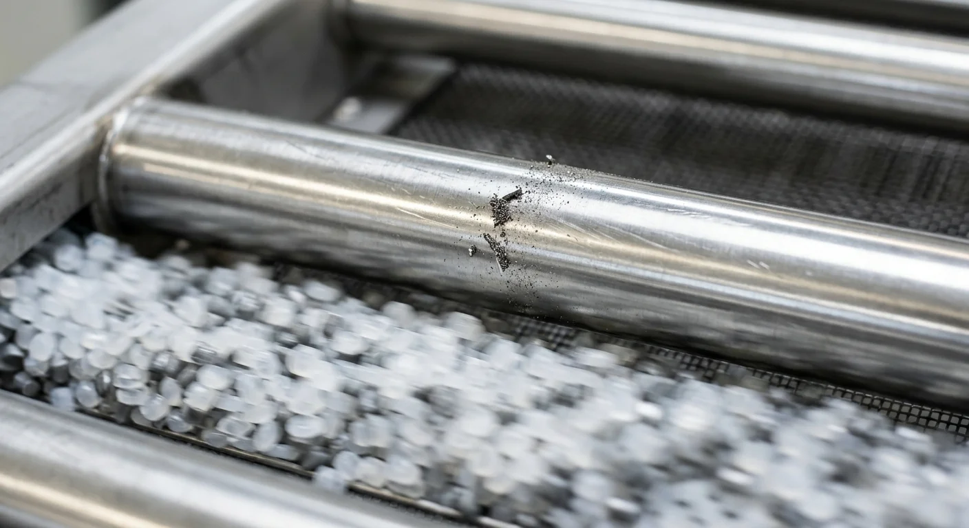 Separador magnético com contaminação metálica no cilindro de aço inox sobre esteira de pellets plásticos em movimento rápido.