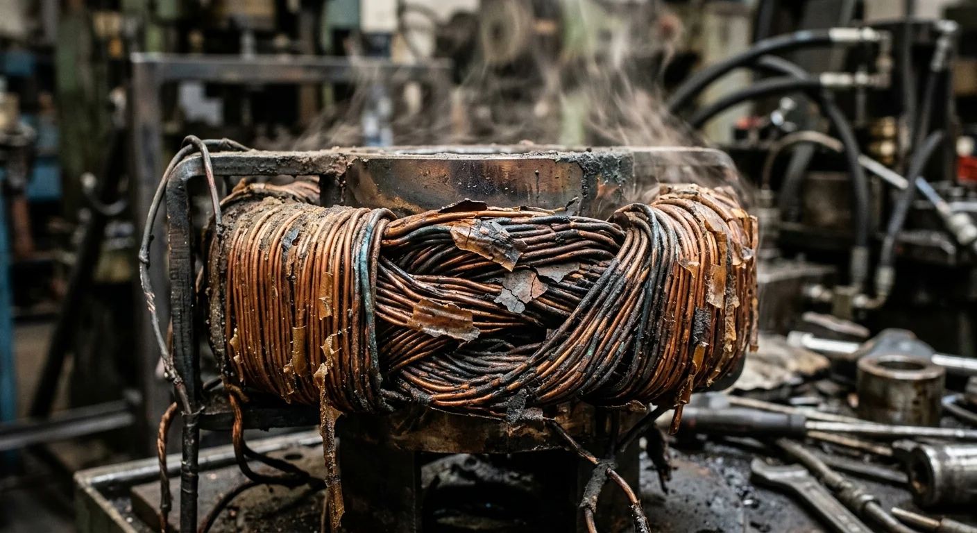 Eletroímã com fiação de cobre carbonizada e fumaça. Erro silencioso em eletroímãs que causa falhas catastróficas na produção.