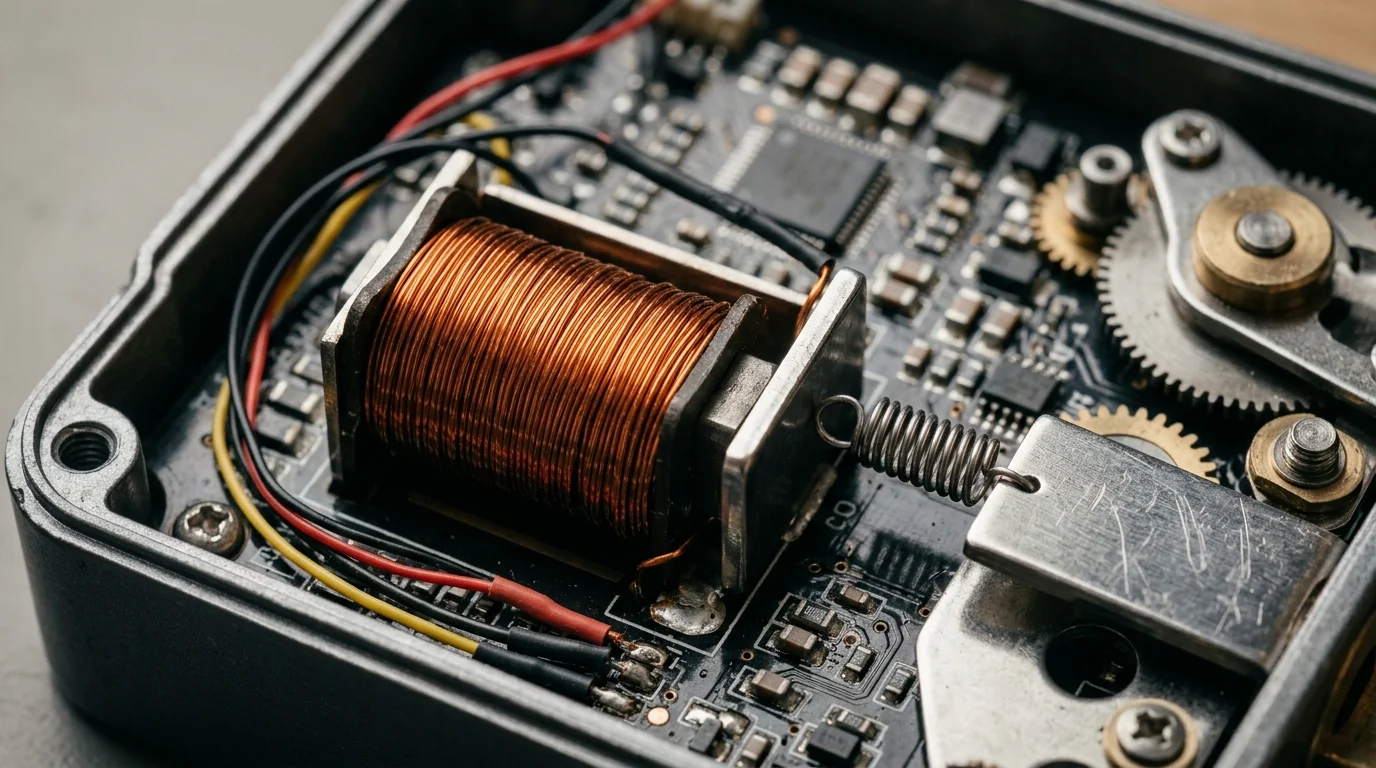 Fechadura eletroima: interior de segurança eletrônica com bobina de cobre, mola metálica, engrenagens e circuitos.