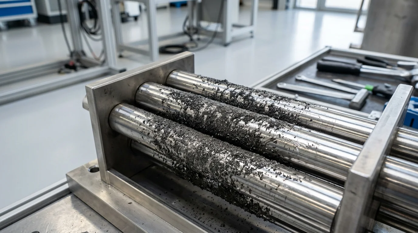 Filtro magnético na indústria química com barras de aço paralelas cobertas por partículas metálicas pretas de contaminação.
