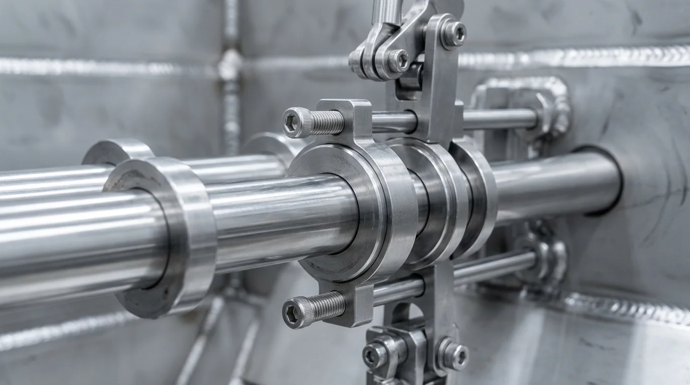 Grade magnética automática: tubos de aço inox alinhados horizontalmente com anéis de fixação, parafusos e braços articulados.