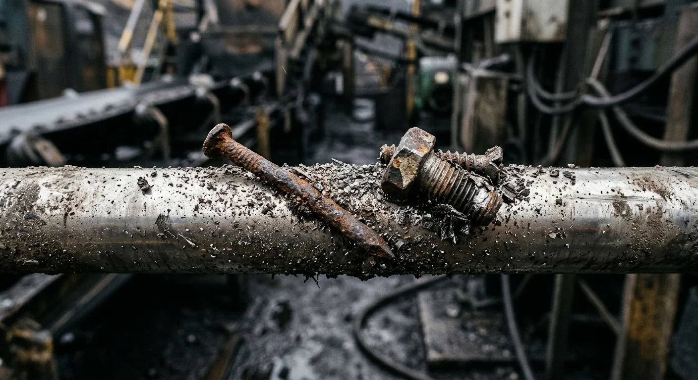 Grade magnética na mineração: barra metálica cilíndrica com prego e parafuso enferrujados presos entre partículas ferrosas.