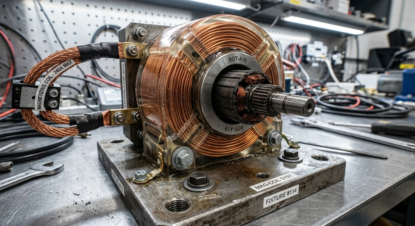 Magnetizador para produção contínua com bobina de cobre circular em resina transparente sobre base metálica e rotor central.