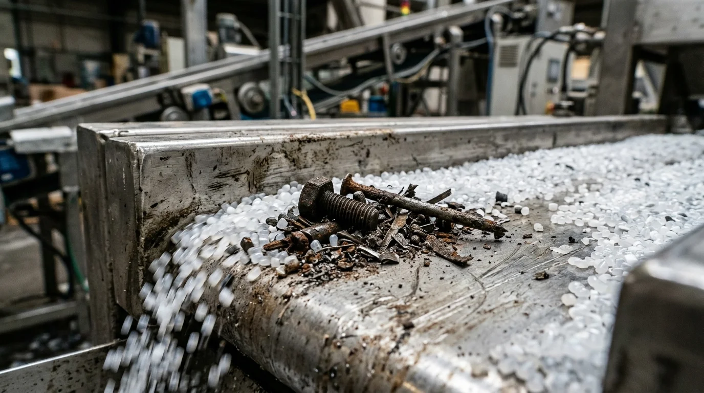 Placa magnética de separação retendo parafusos e metais em fluxo por gravidade de grânulos plásticos brancos industriais.
