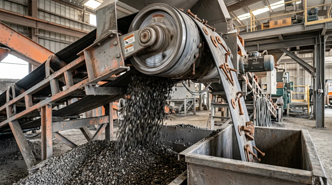 Polia magnética em esteira industrial realizando separação contínua de pedras e metais para a proteção de equipamentos.