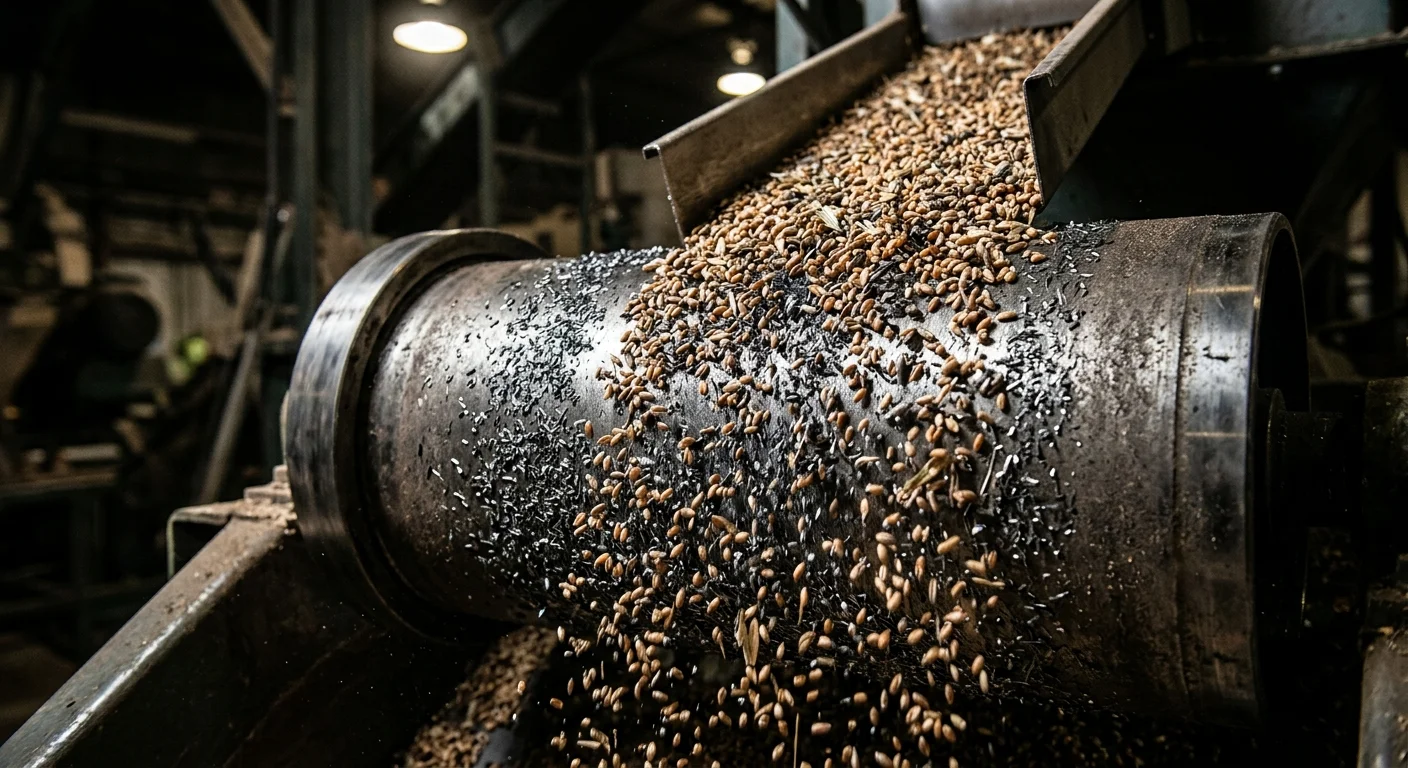 Polia magnética e tambor cilíndrico retendo partículas ferrosas enquanto grãos de sementes caem de uma calha metálica.