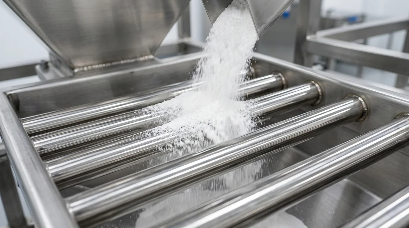 Separador magnético na indústria farmacêutica contra contaminação: pó branco caindo sobre barras cilíndricas de aço inox.