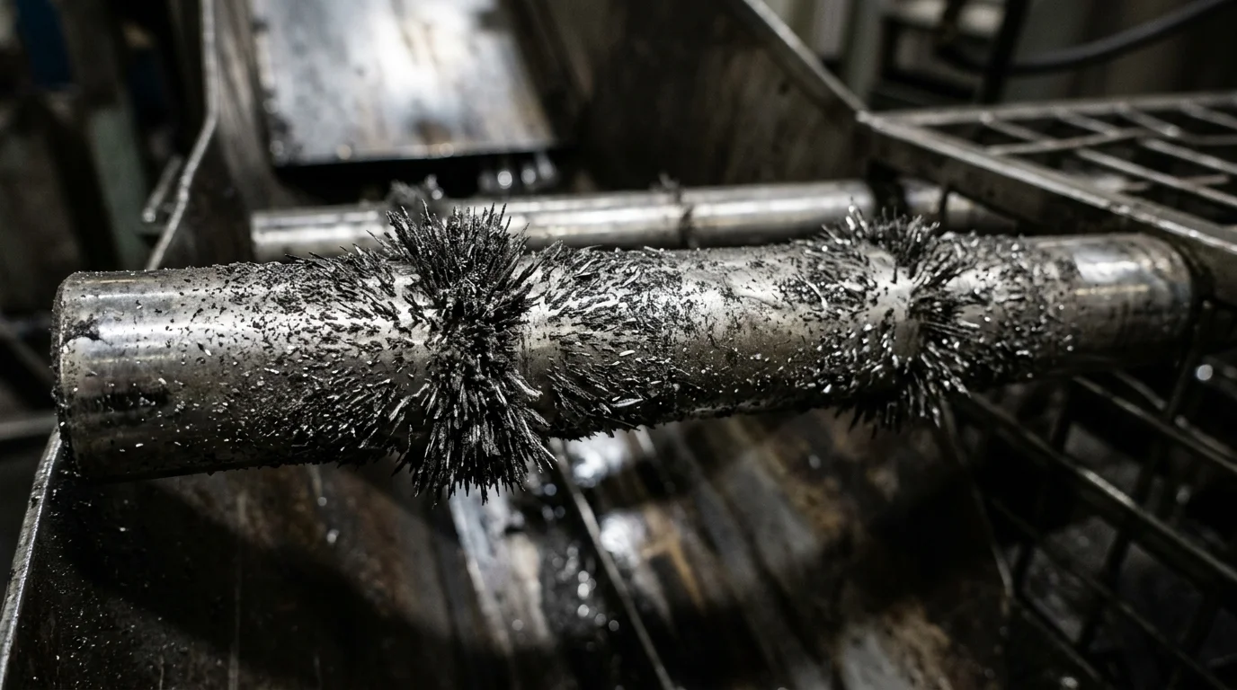 Grade magnética de alto gauss com tubo metálico cilíndrico coberto por limalha de ferro em formato de espinhos densos.