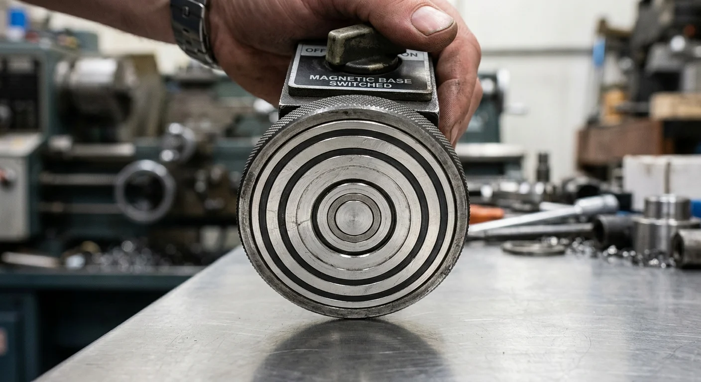 Base magnética industrial circular com anéis concêntricos metálicos, segurada por mão humana sobre bancada de oficina mecânica.