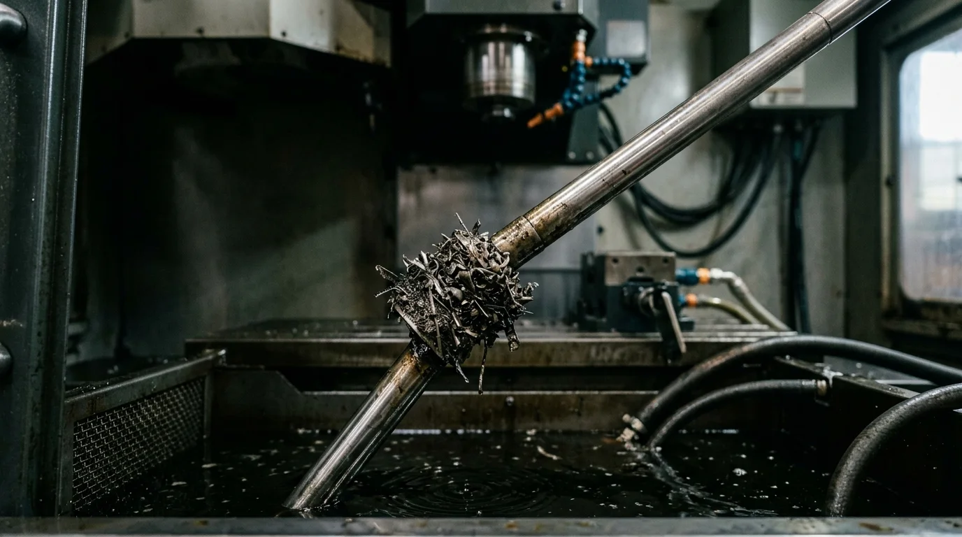 Bastão magnético cata cavaco cilíndrico com aparas de metal presas, inclinado sobre um tanque com líquido industrial escuro.
