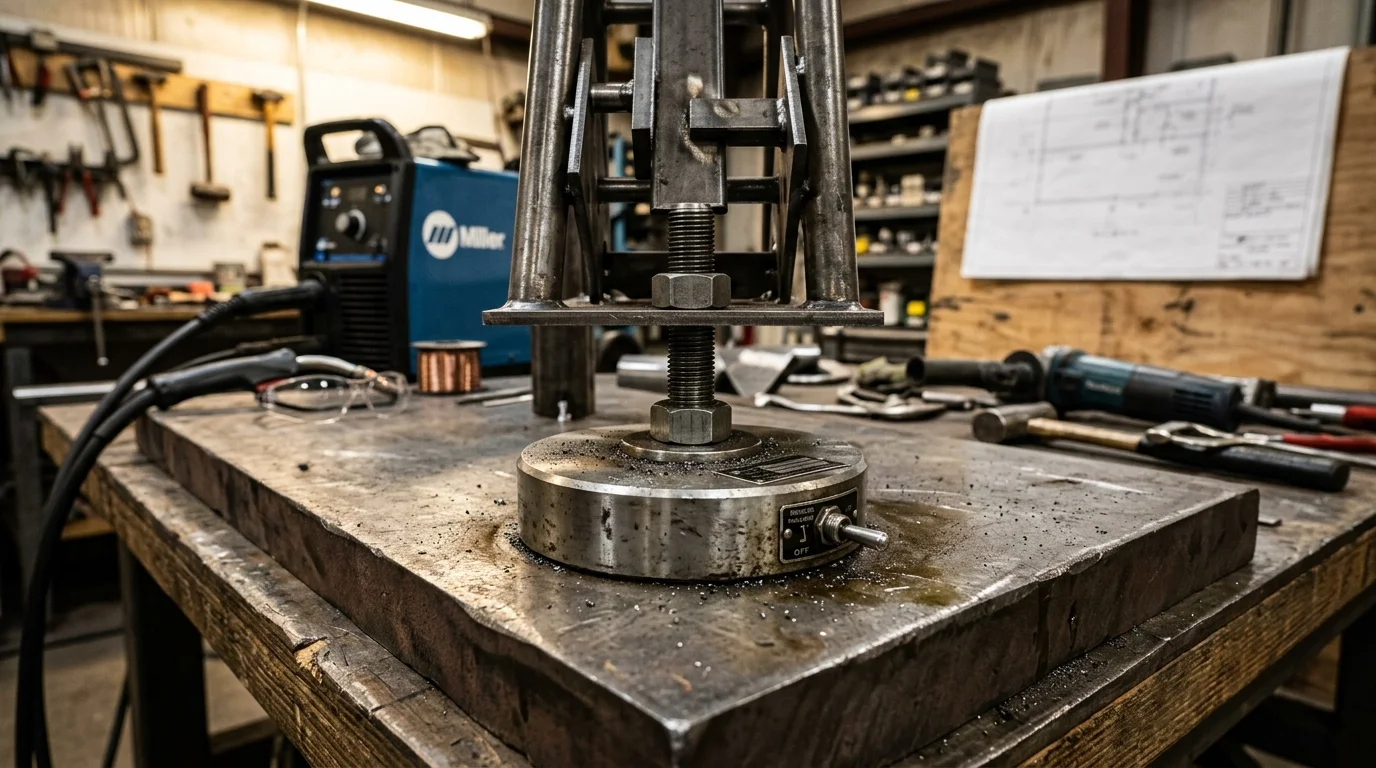 Embuchado magnético para fixação industrial: base metálica cilíndrica com parafuso sobre mesa de trabalho em oficina técnica.
