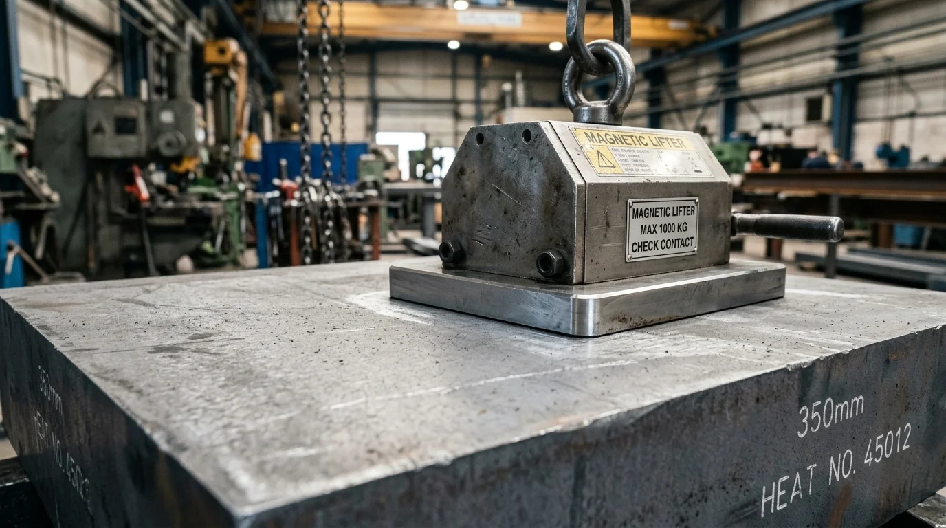 Levantador magnético metálico com alavanca lateral, preso por corrente e apoiado sobre uma grossa placa de aço industrial.