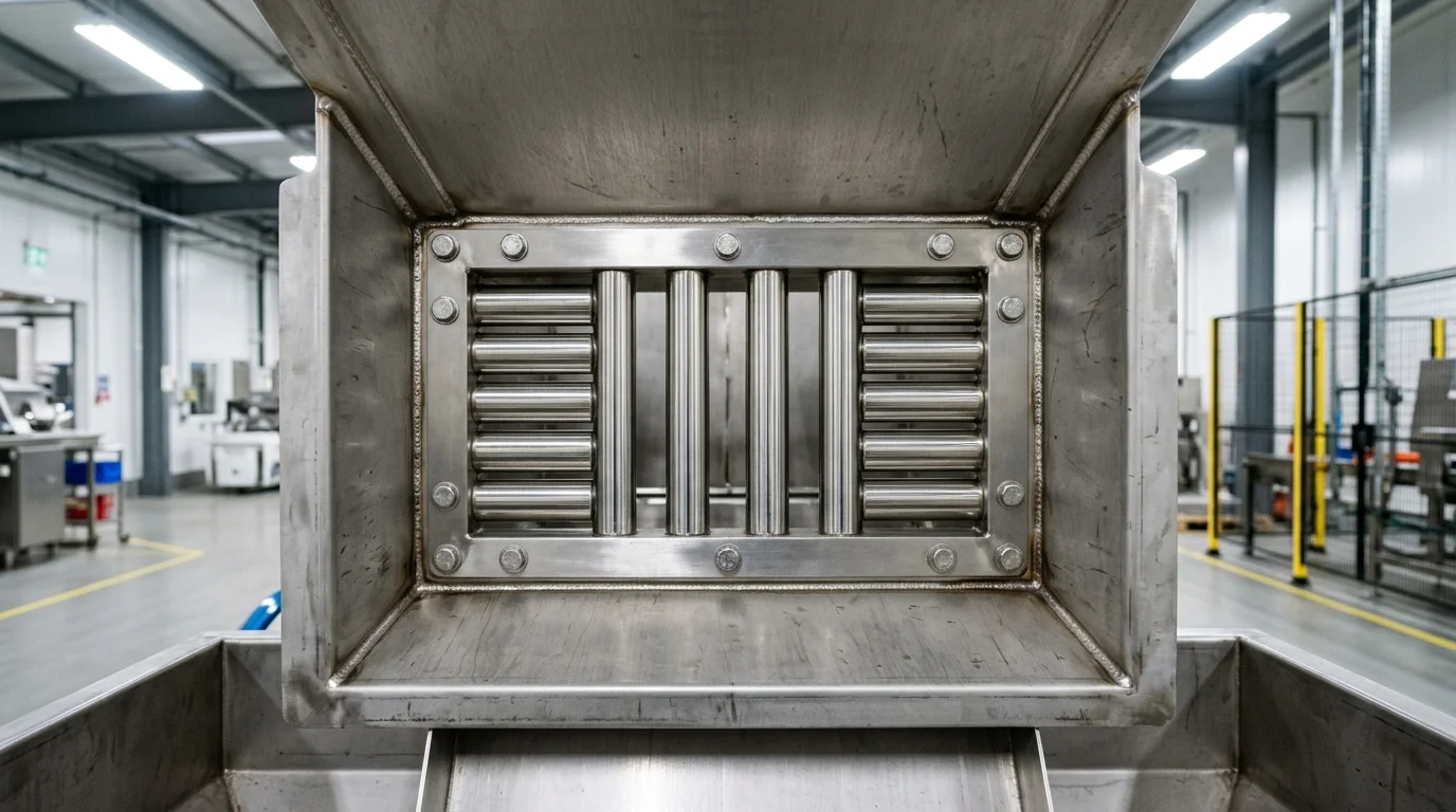 Grade magnética em moega e silo contra contaminação metálica. Barras cilíndricas de inox alinhadas em estrutura retangular.