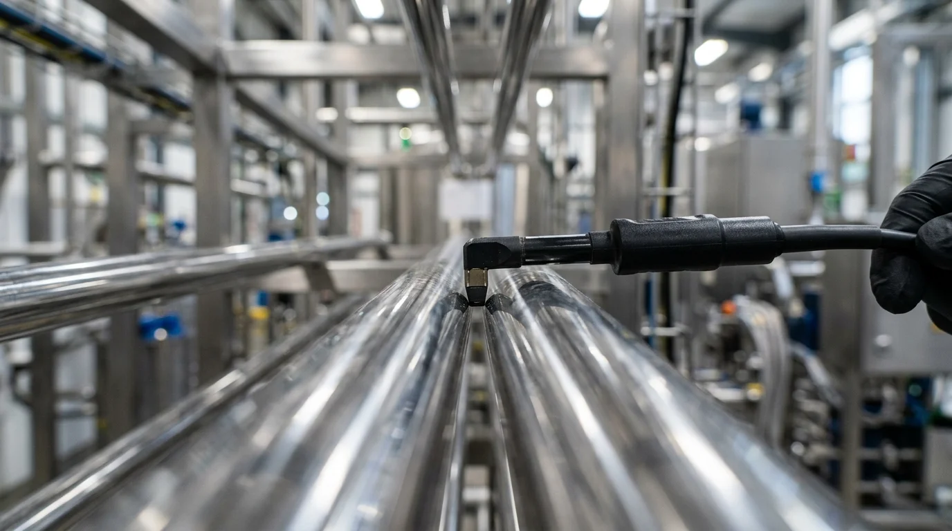 Gaussímetro industrial: sonda preta em L sobre tubos de aço inox paralelos em cenário de fábrica com estruturas metálicas.