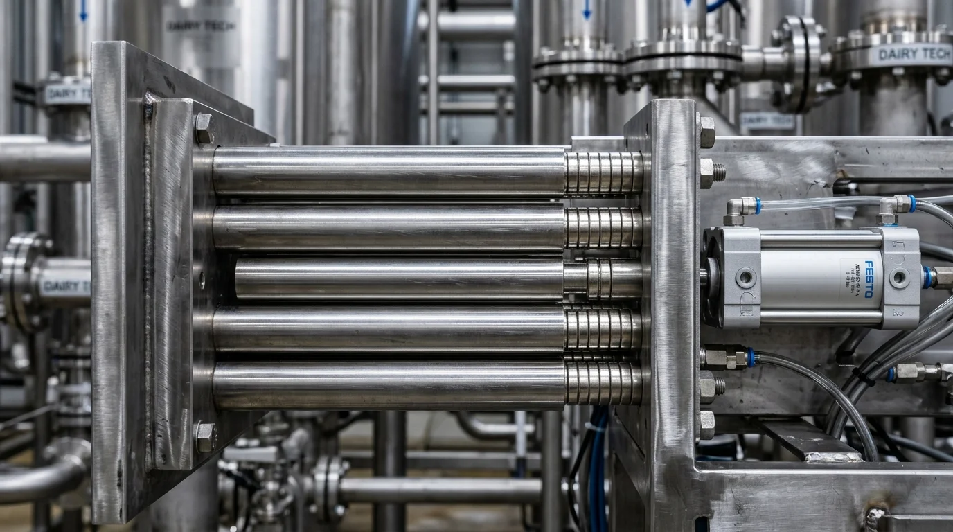 Grade magnética gaveta automática com barras de aço inox alinhadas horizontalmente e pistão pneumático em estrutura metálica.