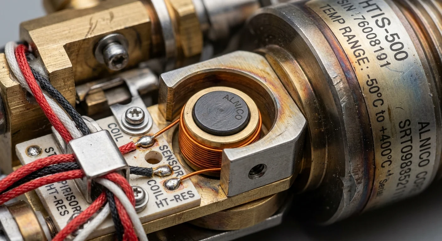 Ímã de alnico cilíndrico gravado, envolto em bobina de cobre, fios e componentes de um sensor industrial de alta performance.