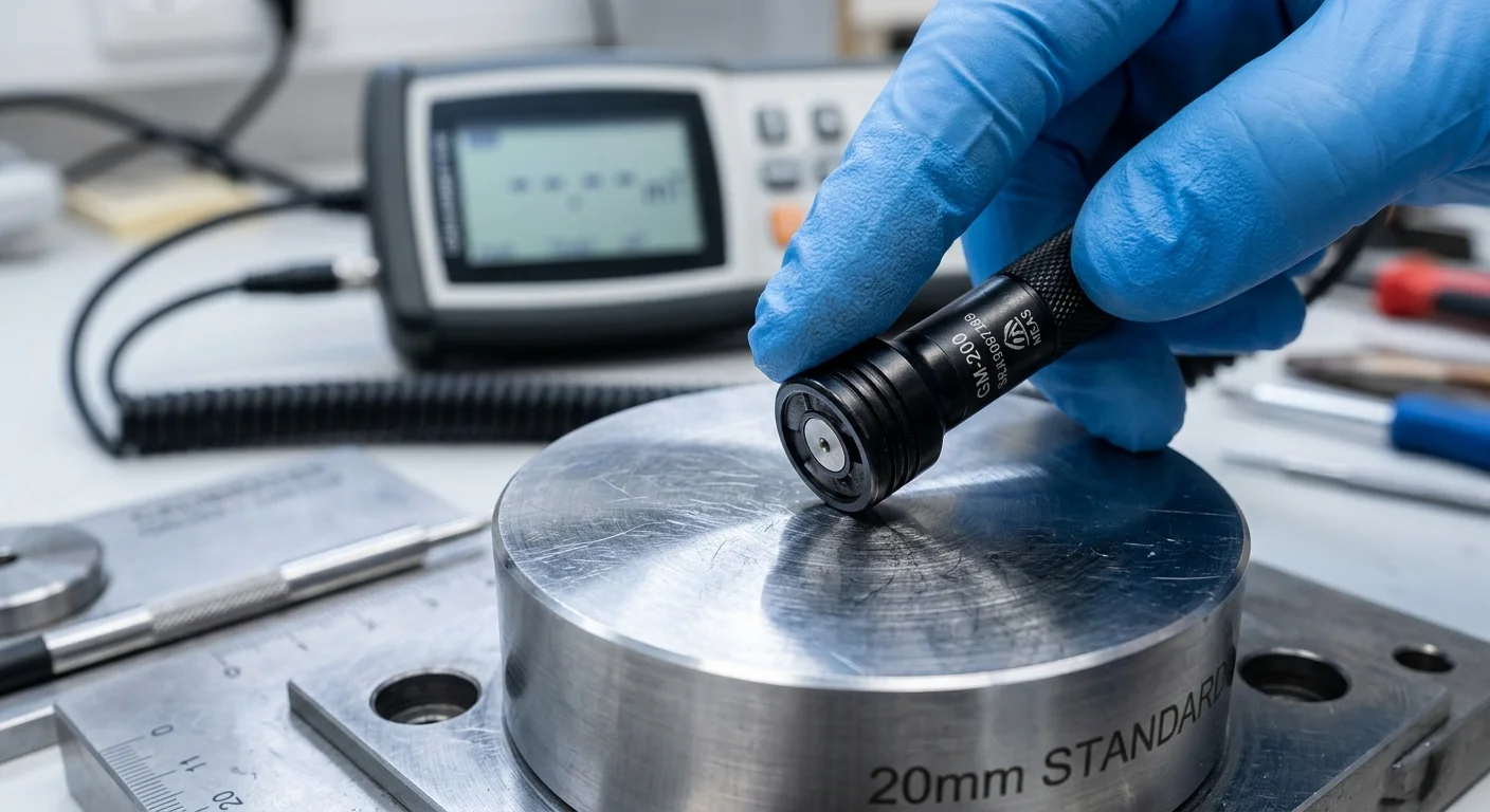 Magnetização e desmagnetização: mão com luva azul aplica sonda em disco metálico de 20mm sobre bancada com medidor digital.