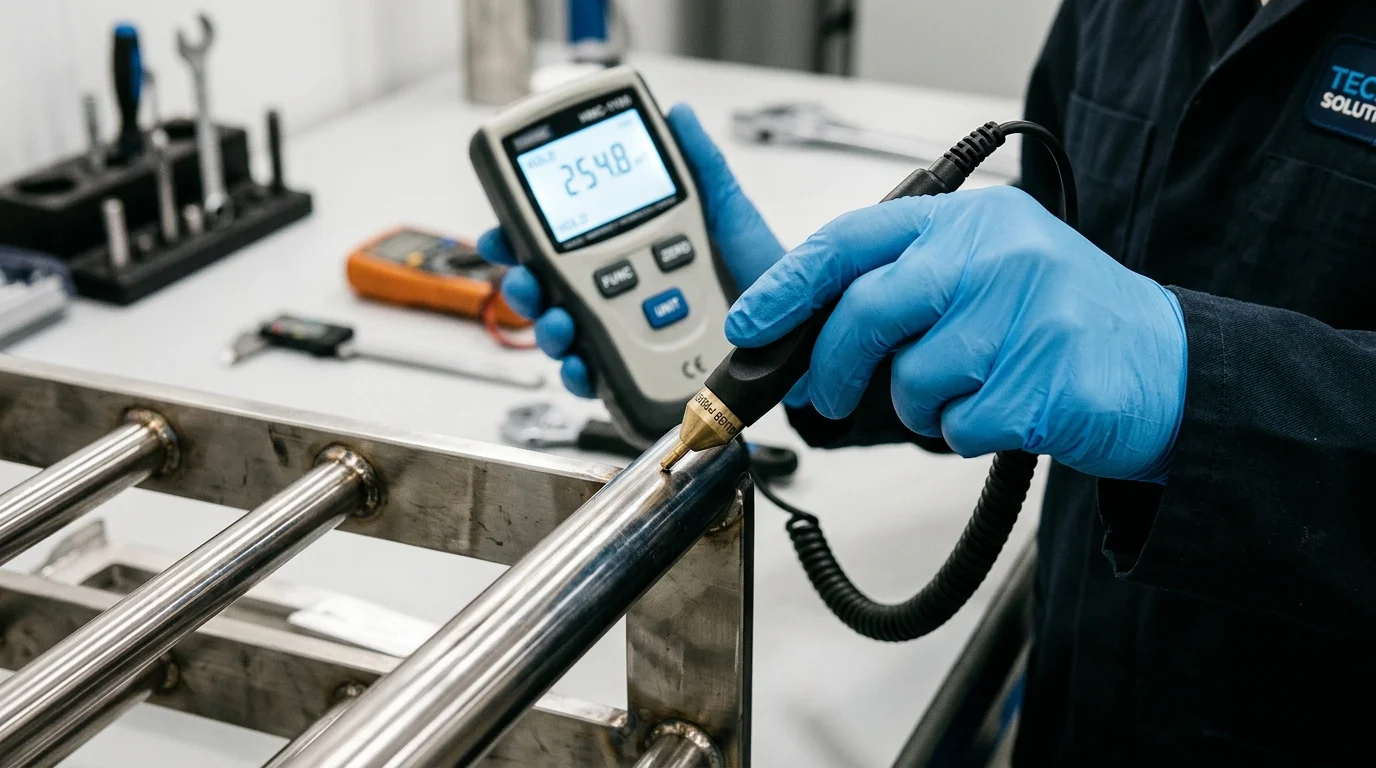 Manutenção e reforma de equipamentos magnéticos: técnico usa gaussmeter digital para medir grade metálica em bancada de oficina.