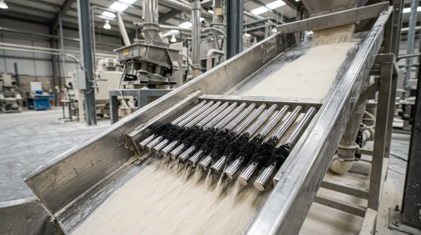 Contaminação ferrosa na cerâmica retida em barras magnéticas alinhadas sob fluxo de pó claro em calha metálica industrial.