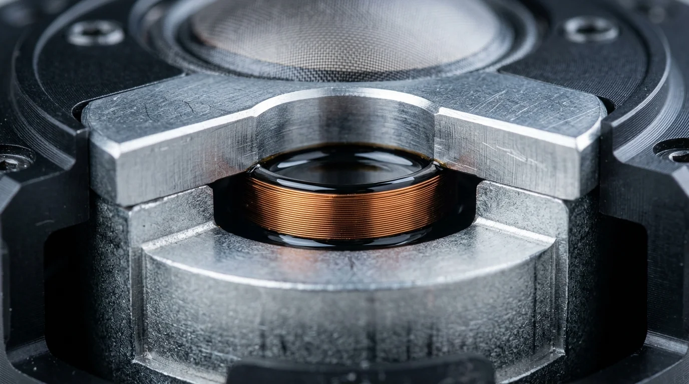 Ferrofluido, líquido que dança com o magnetismo, envolvendo uma bobina de cobre em estrutura metálica de precisão.