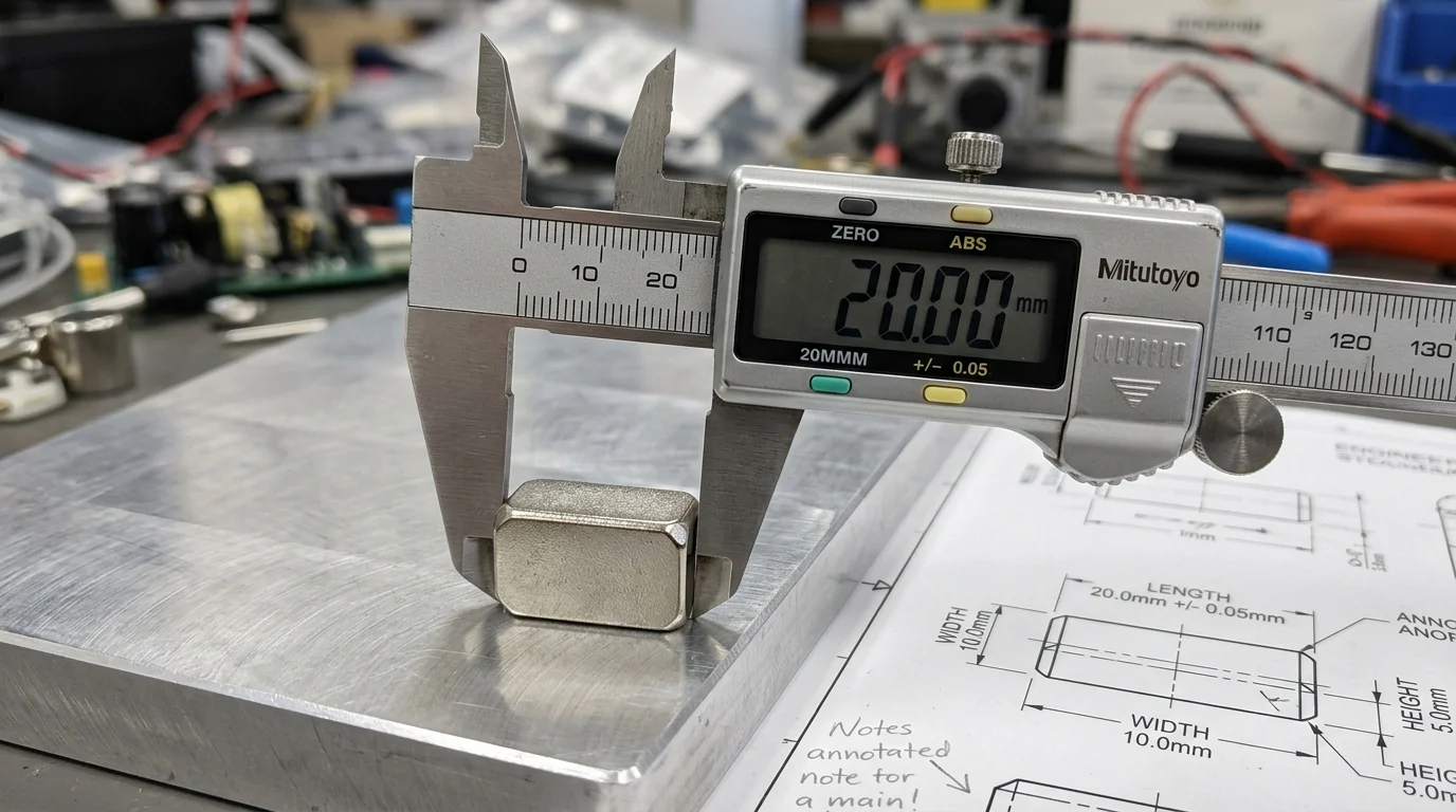 Imã de neodímio bloco medido por paquímetro digital (20.00mm) sobre chapa metálica e guia técnico para especificar medidas.