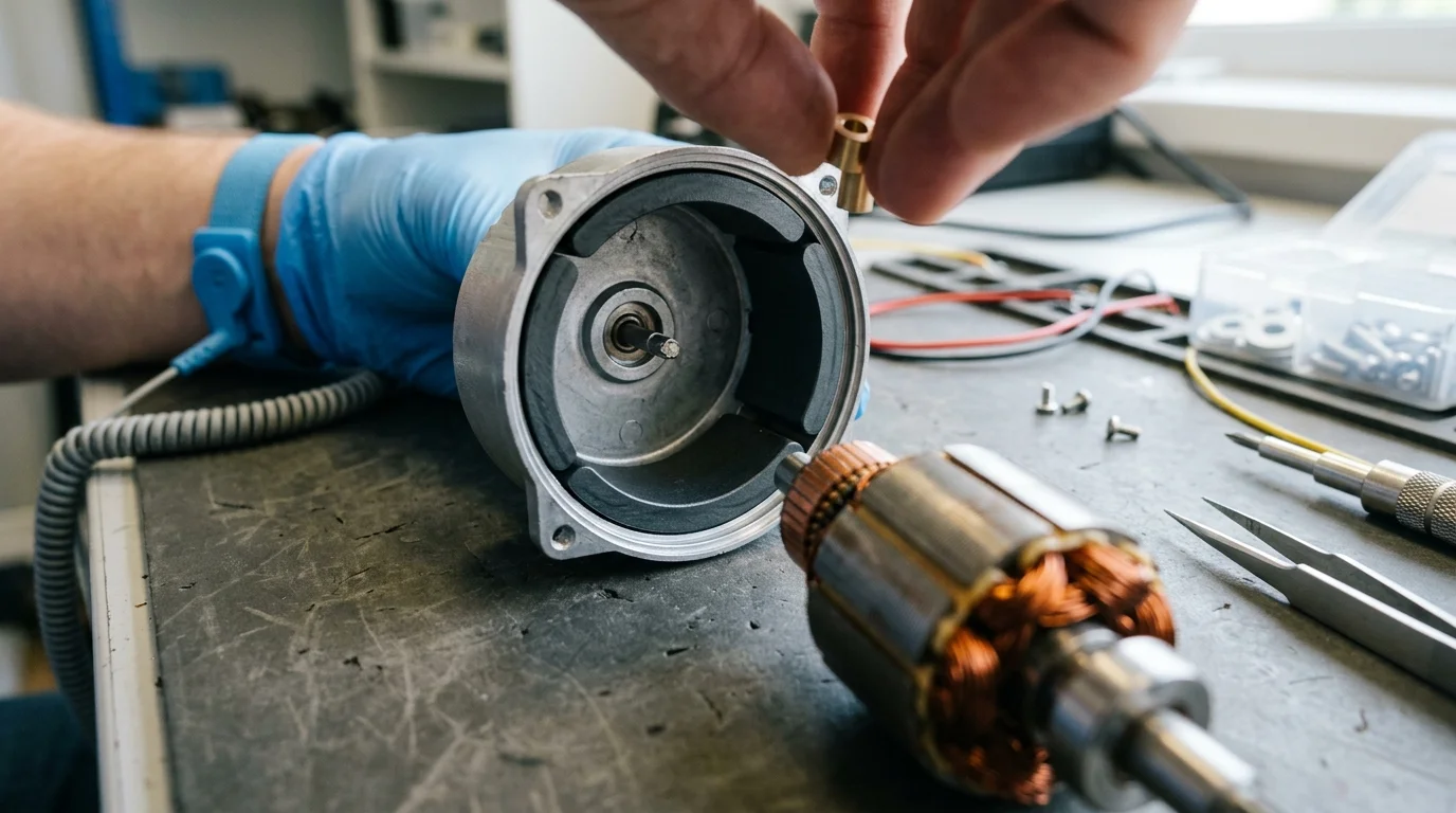 Ímãs de ferrite curvos em carcaça de motor, com rotor e ferramentas em bancada de aplicação e especificação industrial.