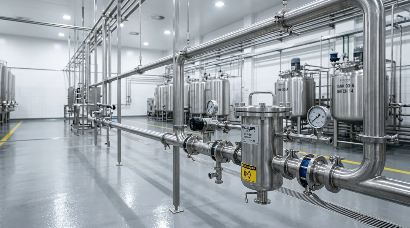 Laudo magnético para auditoria: filtro de aço inox com manômetros em tubulação industrial e tanques metálicos polidos ao fundo.