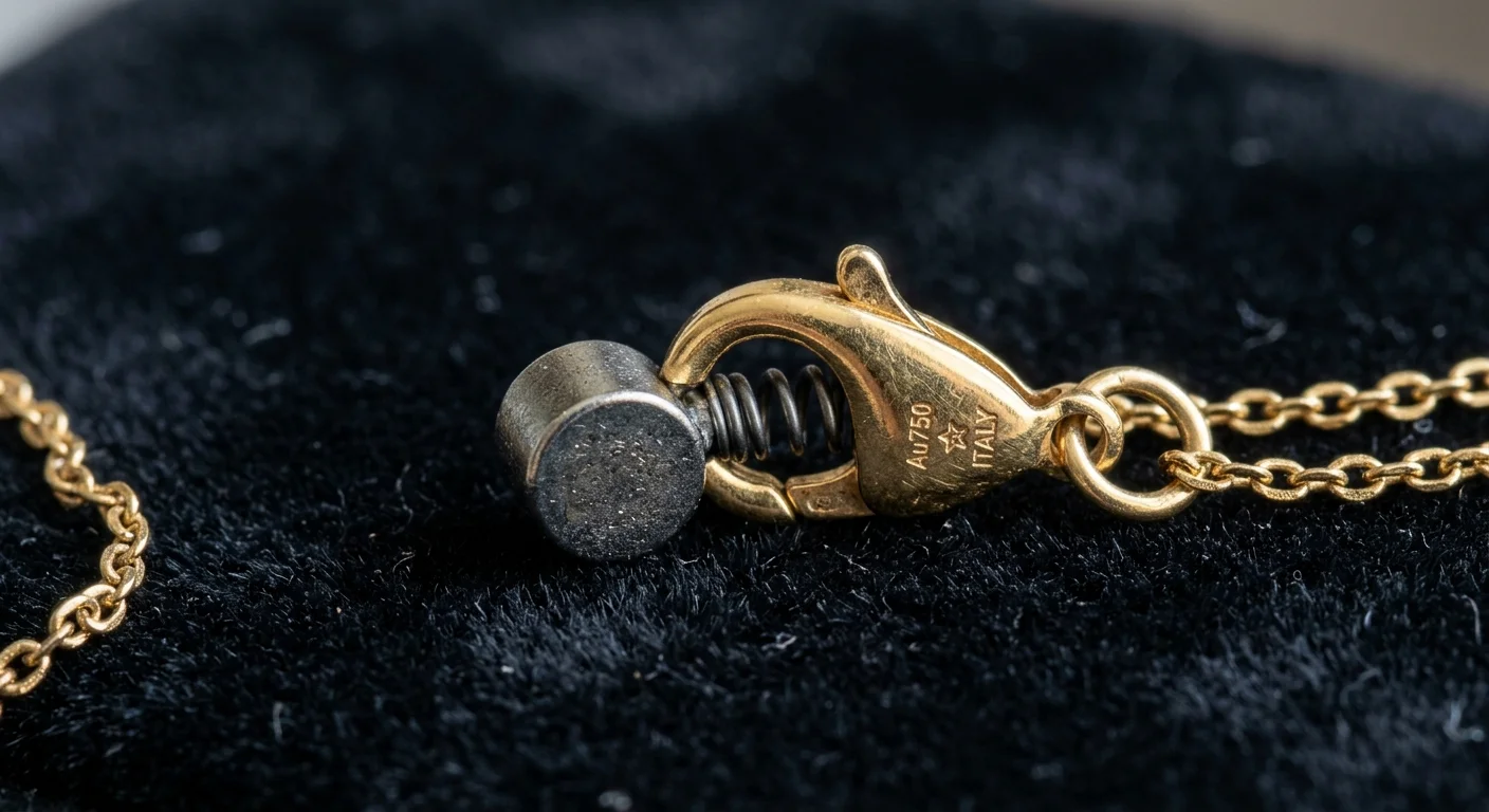 Teste do ímã em fecho de ouro Au750 sobre veludo preto. Pequeno ímã cilíndrico mostra se ouro e prata são magnéticos.