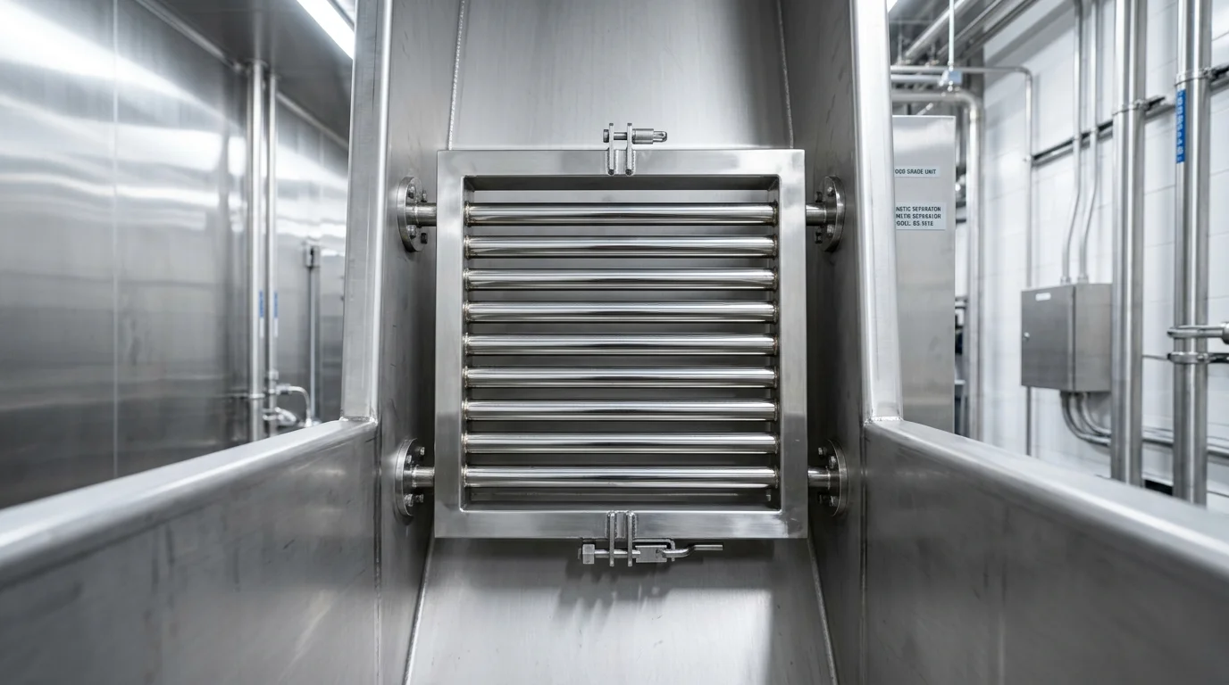 Grade magnética em aço inox com barras horizontais paralelas para filtrar materiais magnéticos e quais metais o imã atrai.