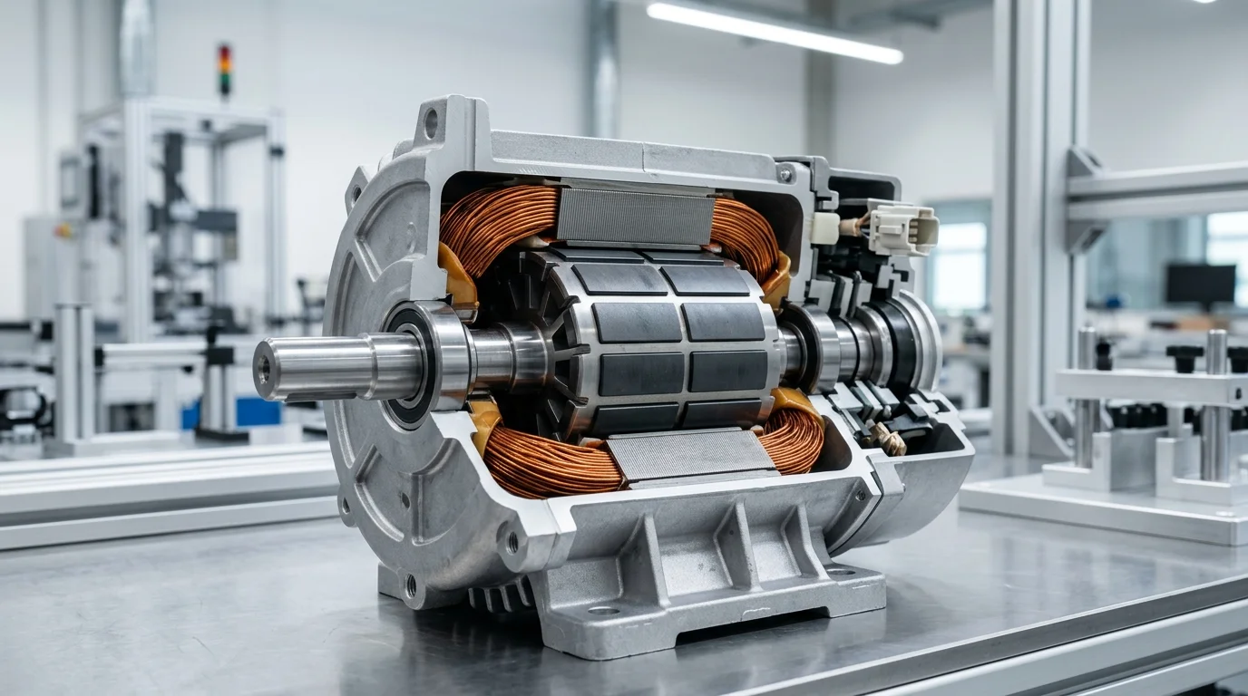 Samário Cobalto SmCo em motor elétrico em corte, exibindo ímãs no rotor, bobinas de cobre e componentes internos metálicos.