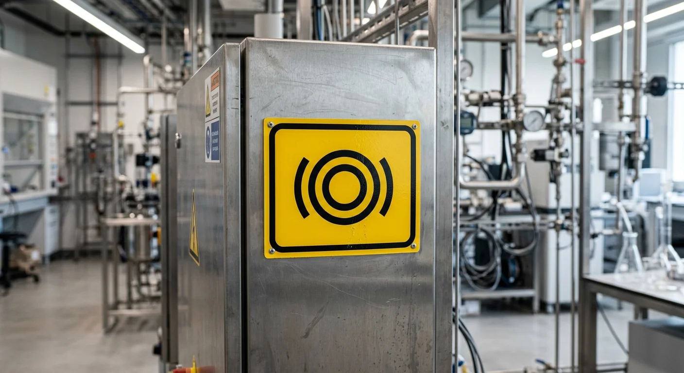 Segurança com ímãs de neodímio: placa amarela de alerta magnético fixada em painel de metal em ambiente industrial.