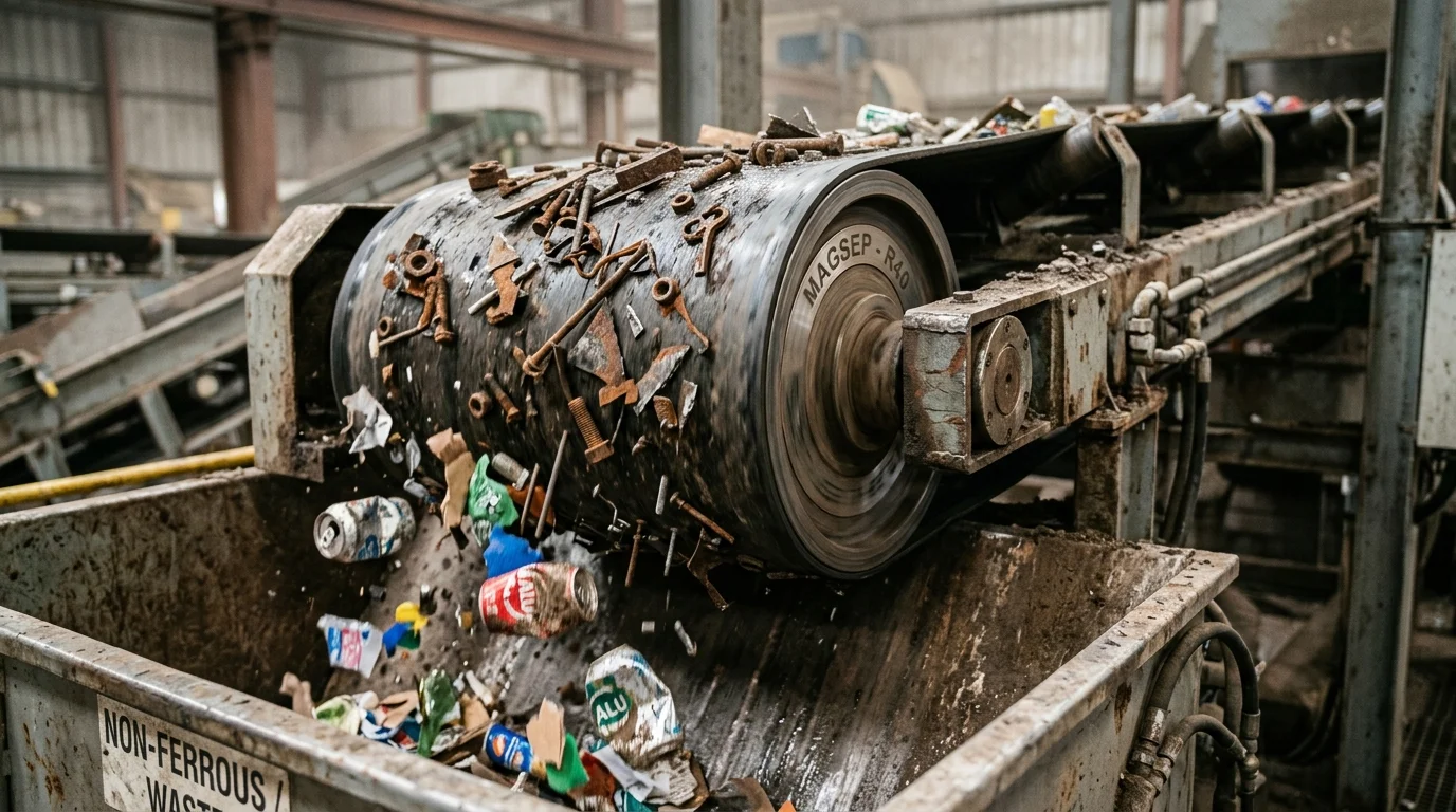 Separação magnética na reciclagem de metais ferrosos: polia atrai pregos e parafusos enquanto latas de alumínio caem em coletor.